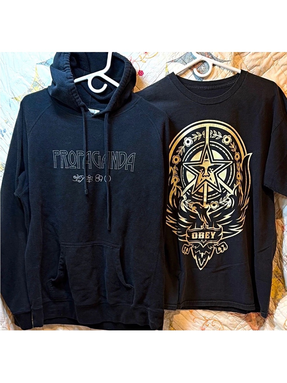 Obey  Fleece Pullover Hoodie Black Men Kangaroo Pocket and Tshirt Lot of 2 Large